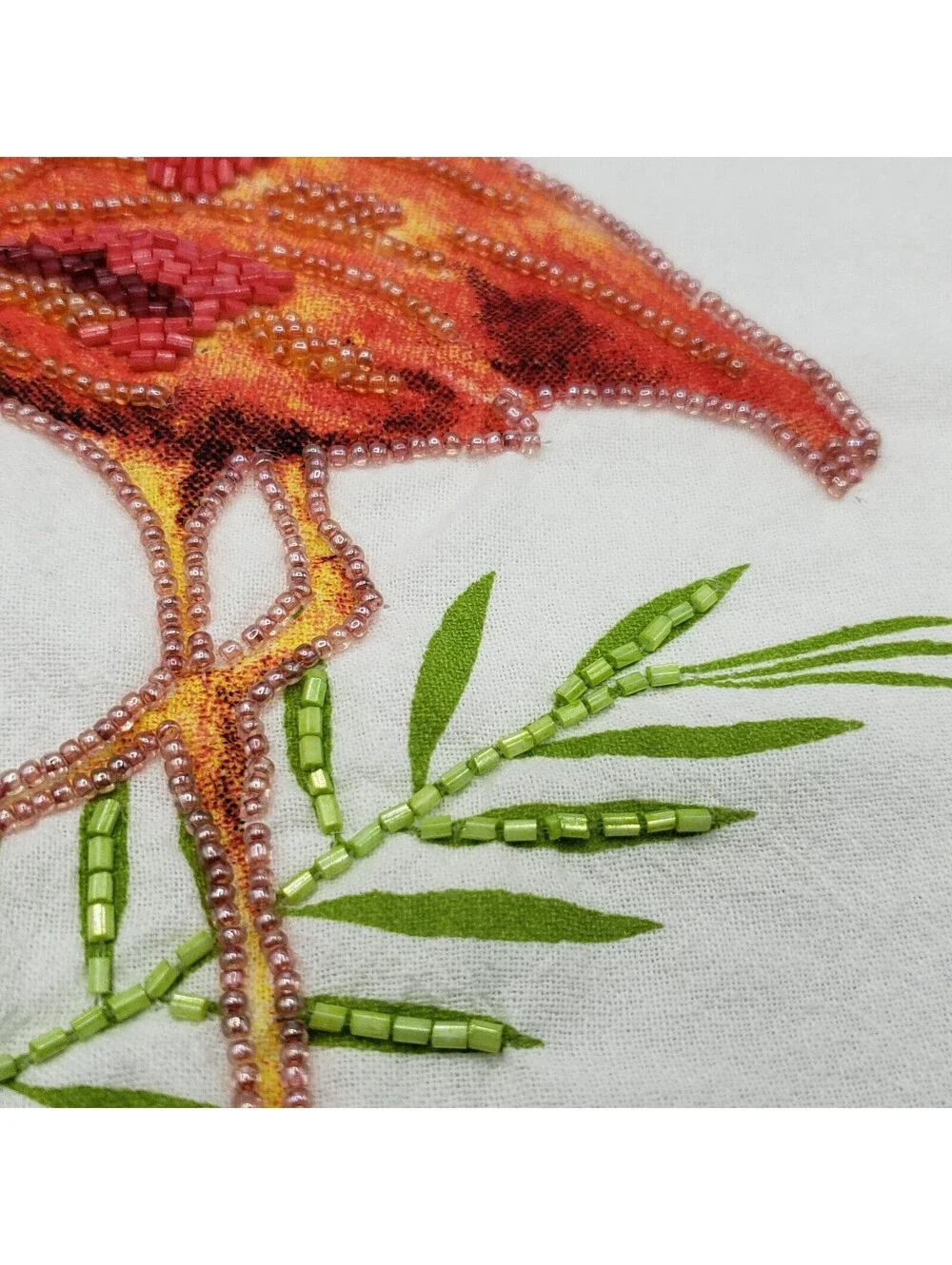 Pier 1 Flamingo Cotton Tea Towel Beaded Accents Velvet Ribbon Trim NWOT